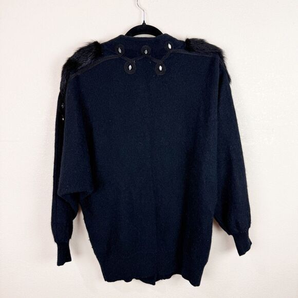 Vintage Rockabilly Retro Black Wool Fur Sweater Cardigan Beaded Size Large - Picture 8 of 9